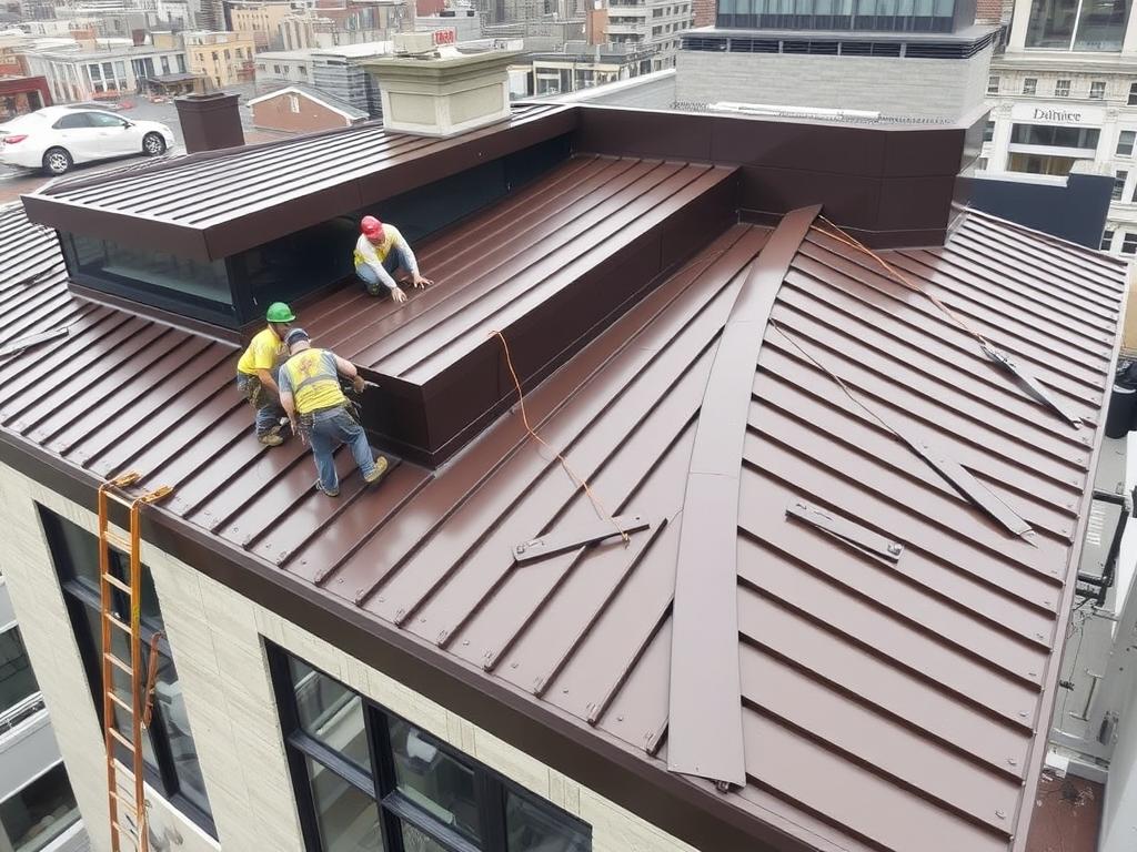Metal roofing being installed on a modern New York building