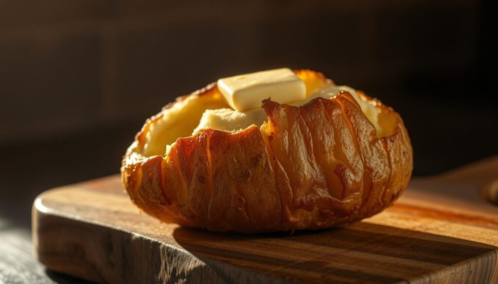 Perfectly baked potato with crispy golden-brown skin, fresh out of the oven. A thick, fluffy interior, steaming with buttery goodness. Dramatic side lighting casts deep shadows, highlighting the intricate texture of the skin. The potato rests on a rustic wooden board, with a pat of melted butter glistening on top. The scene is bathed in a warm, cozy glow, conveying the comforting aroma of a freshly baked potato.