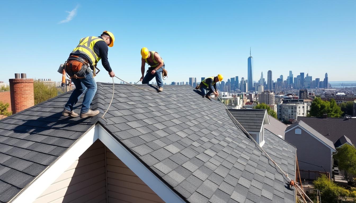 Professional roofers working on a New York residential roof installation