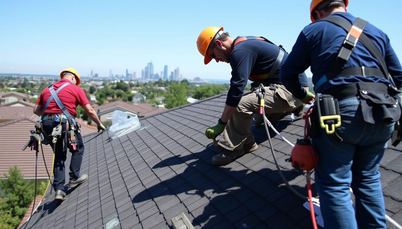 Professional roofing crew working on a residential roof in Sacramento