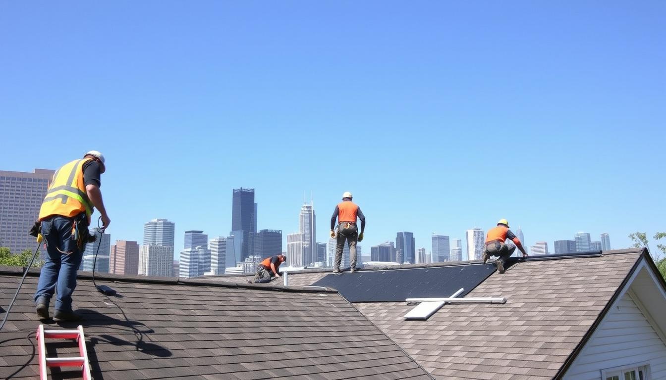 Professional roofing in Chicago with skyline view