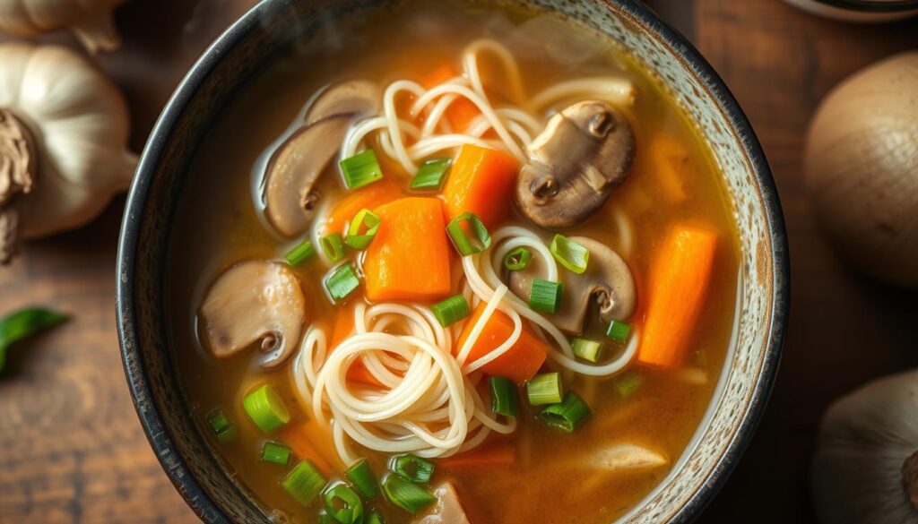 Quick broth soup with noodles and vegetables