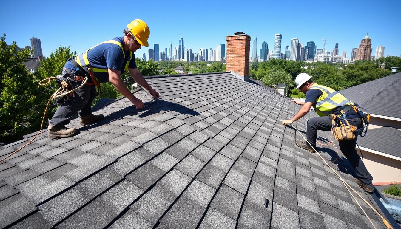 Residential roofing services in Chicago showing workers installing shingles on a home