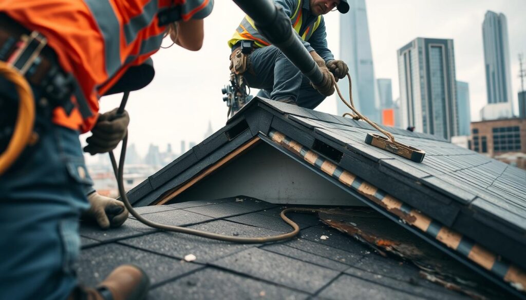 Roof leak repair in Chicago being completed Roof leak repair in Chicago being completed