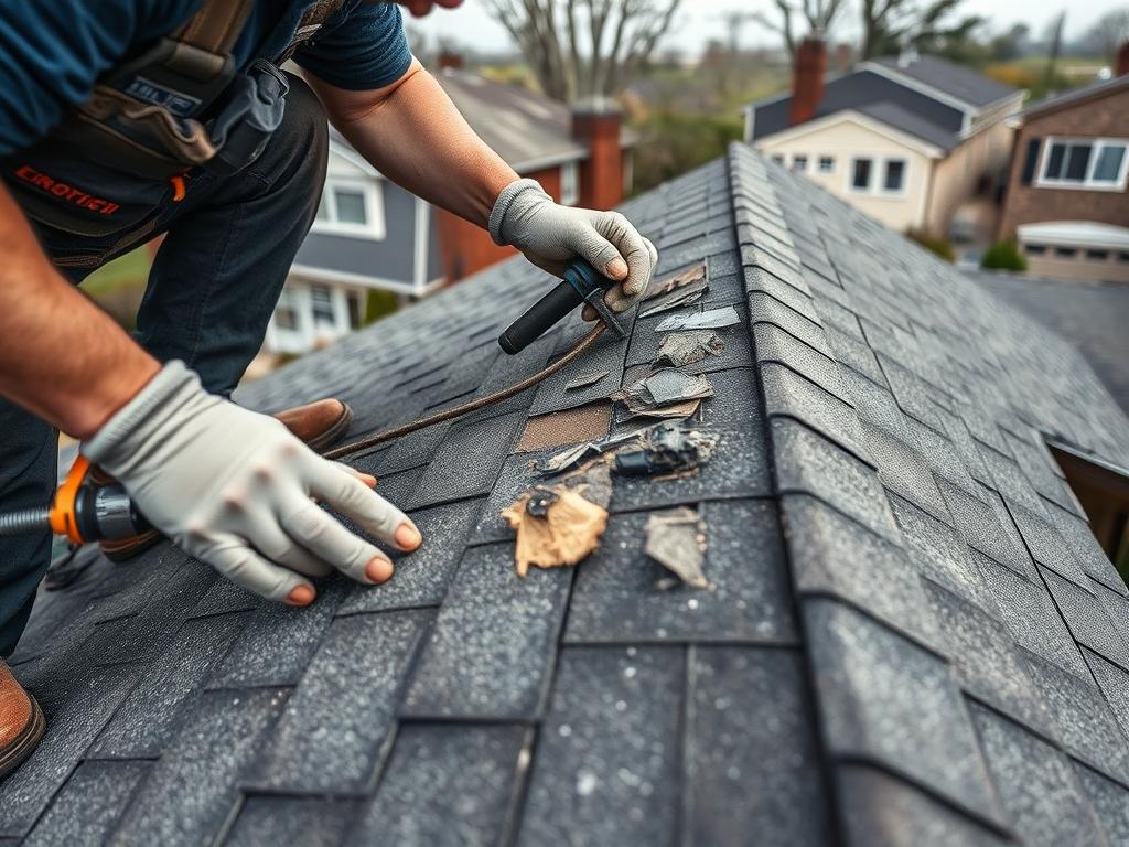 Roof repair being performed on Chicago home Roof repair being performed on Chicago home