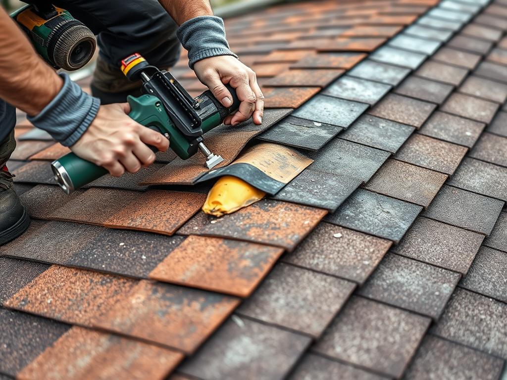 Roof repair being performed on damaged shingles in Sacramento