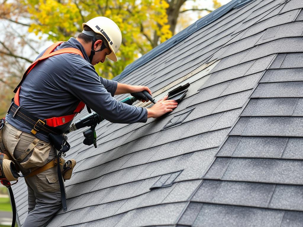 Roof repair in Chicago showing technician fixing damaged shingles Roof repair in Chicago showing technician fixing damaged shingles