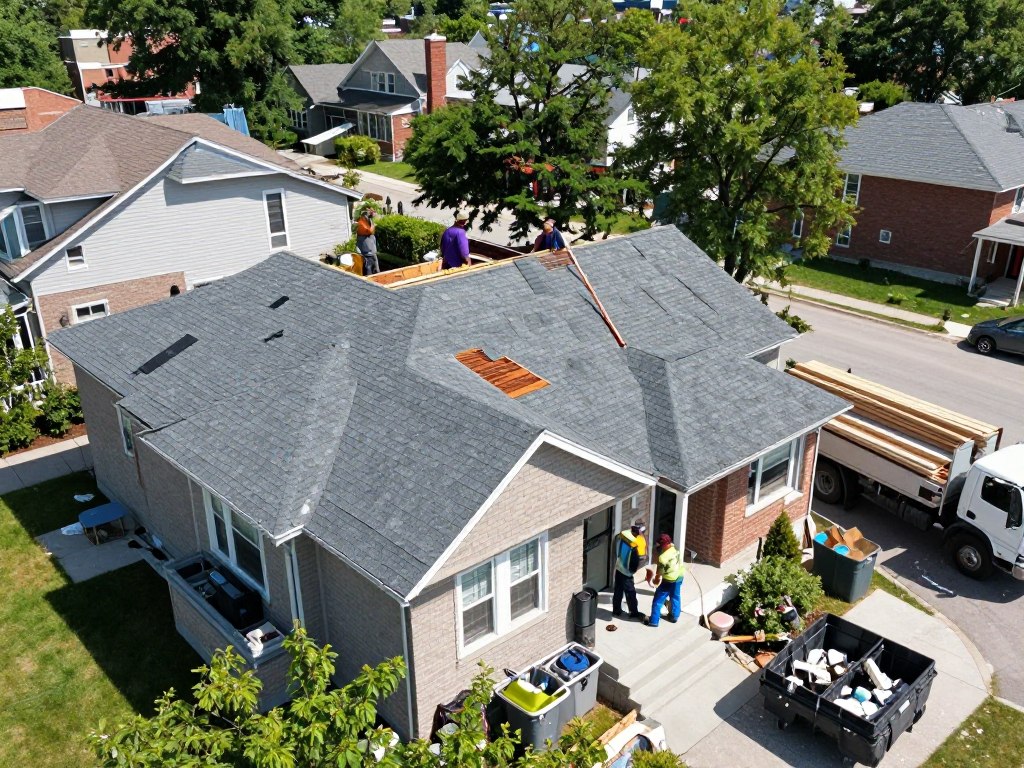 Complete roof replacement on Chicago home with workers installing new shingles