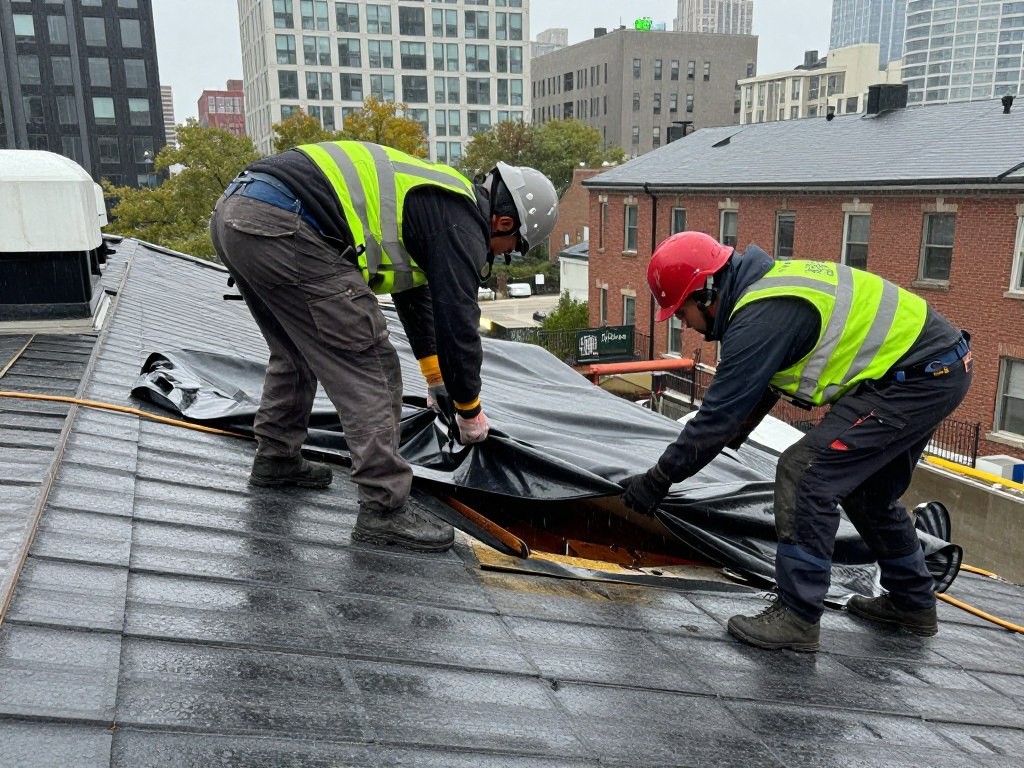 Emergency roof repair in Chicago during stormy weather