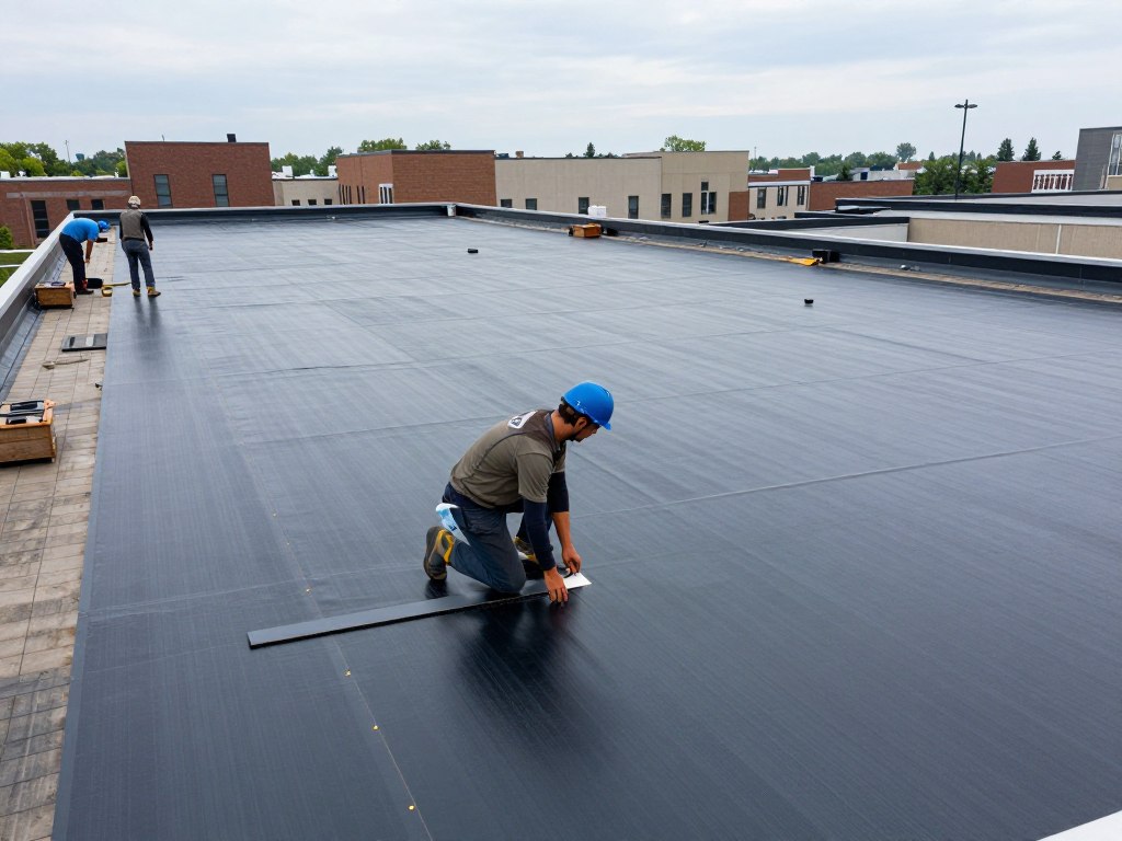 Flat roof system installation on Chicago commercial property