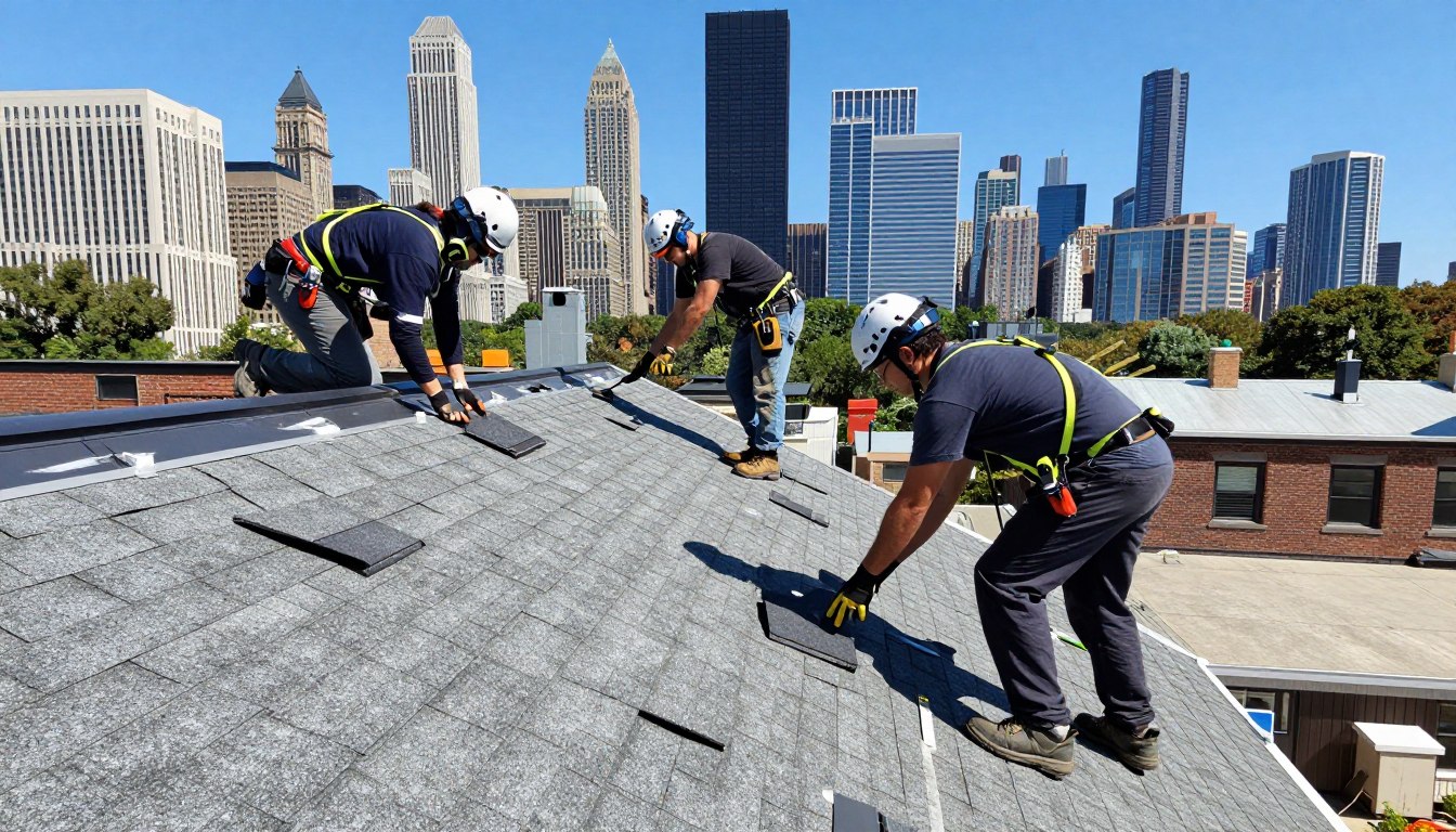 Professional roofing crew working on a Chicago residential roof with city skyline in background