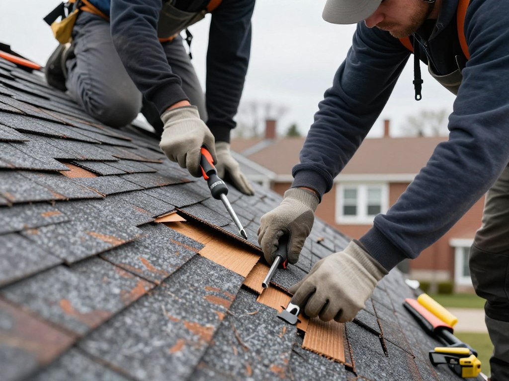 Roof repair in Chicago showing workers fixing damaged shingles after storm